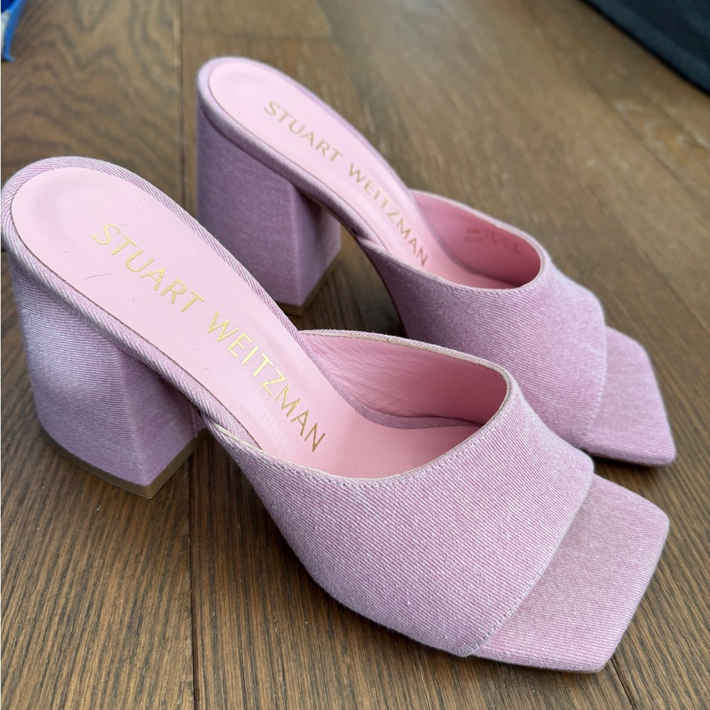 Stuart Weitzman Blush Pink denim Square-Toe Block Heel Mules